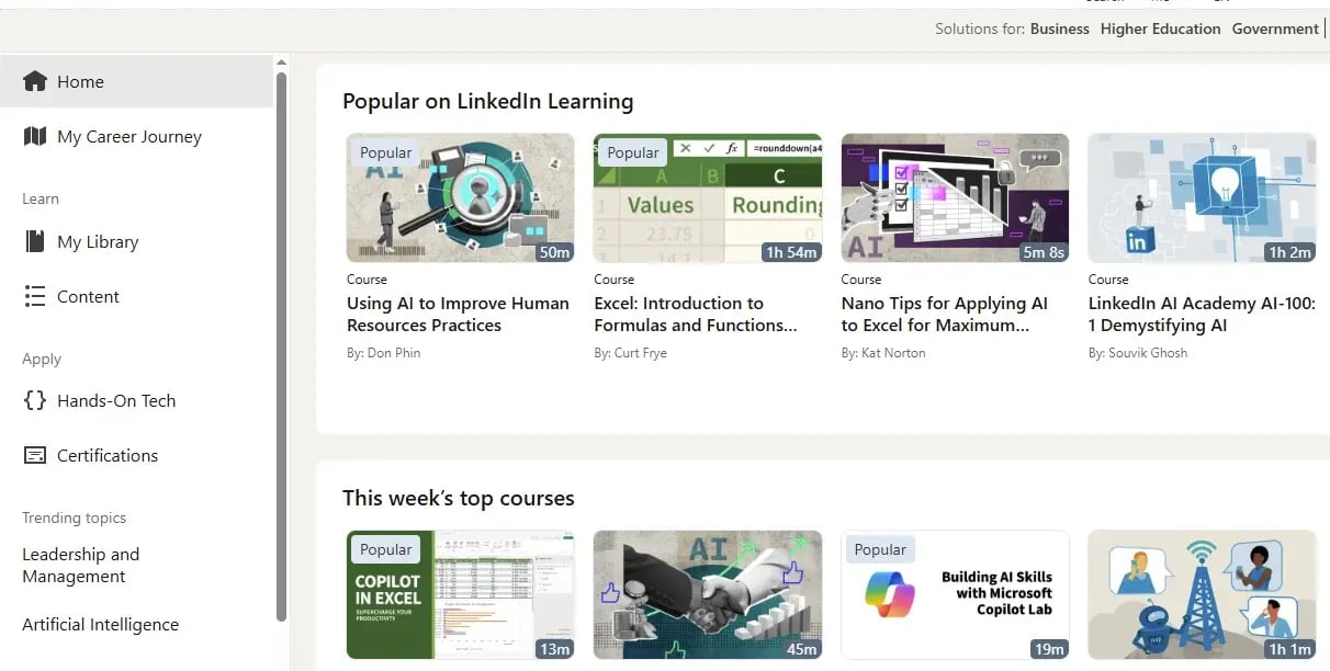 LinkedIn Learning Homepage