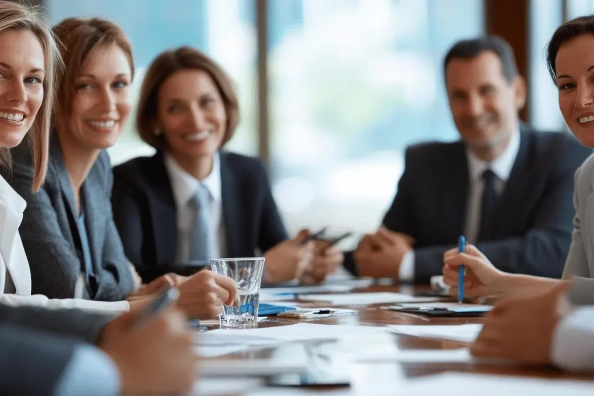 A group of professionals engaged in a meeting around a conference table, with documents and drinks in front of them.